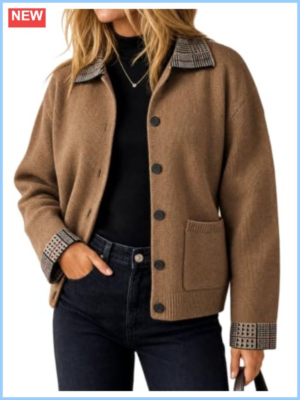 Womens Button Down Knit Cardigan Jacket Plaid Collar Preppy